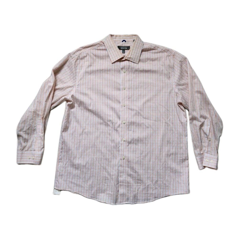 Kenneth Cole Reaction Slim Fit Plaid Button Up Shirt Orange Blue White Mens XL
